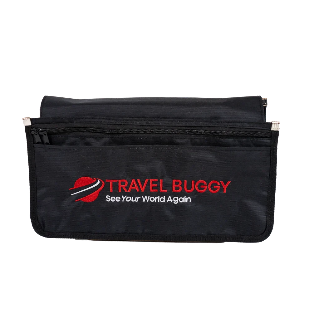 Front view of the Travel Buggy Multi-Pocket Armrest Organizer featuring the red logo on durable black fabric.